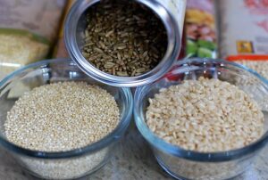 raw brown rice and white quinoa