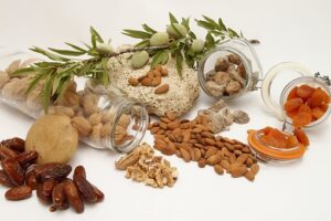 dried dates, almonds, apricots