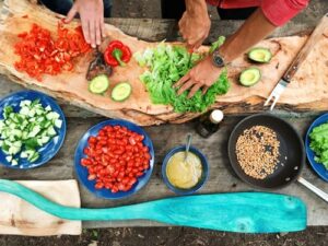 chopping up vegetables