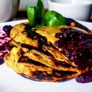 Blueberry Banana Pancakes with Sticky Blueberry Sauce