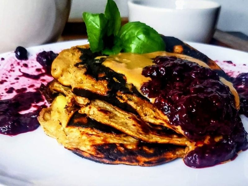 Blueberry Banana Pancakes with Sticky Blueberry Sauce