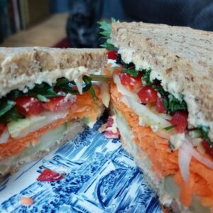 Homemade Hummus Sandwich With Rainbow Salad