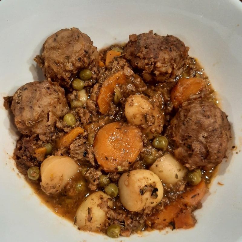 ground mince stew and buckwheat dumplings